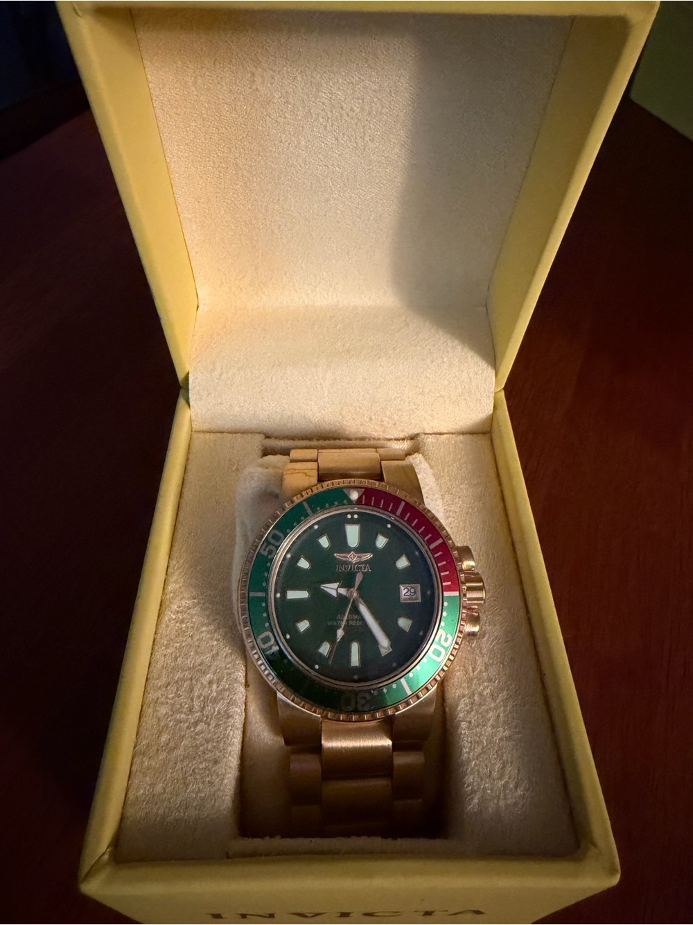 Invicta Gold Tone AUTOMATIC Men's Watch with Green Dial and Green/Red Bezel